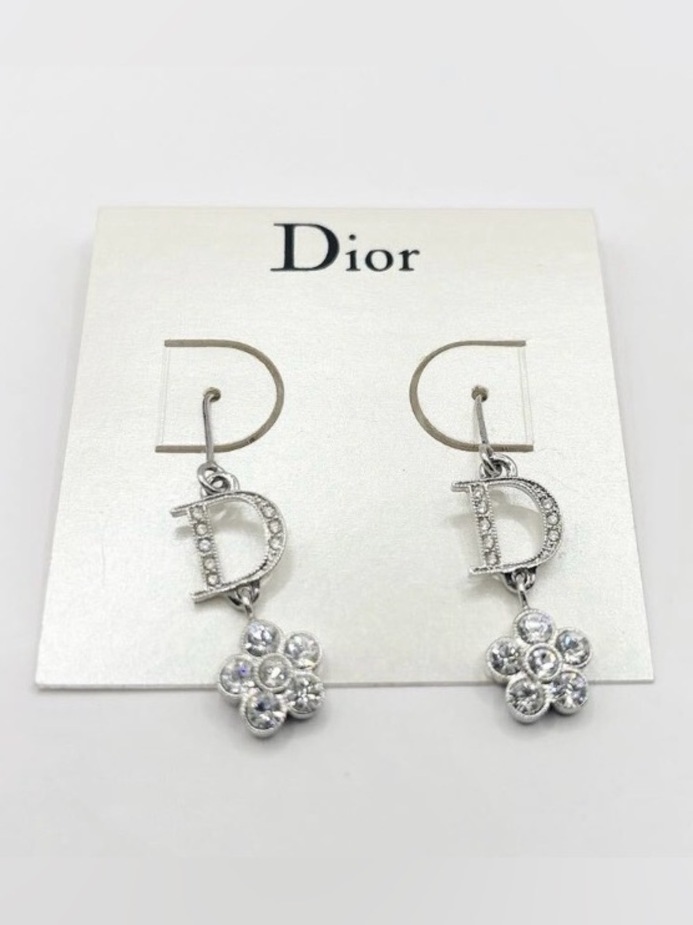 Dior Silver Crystal 'D' Flower Drop Earrings